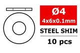 Team Corally C-3301-04-06-01 Steel Metric Shim 4x6x0.1mm (10) showing a steel shim washer with dimensions 4x6x0.1mm, ideal for rc car parts and radio control applications.