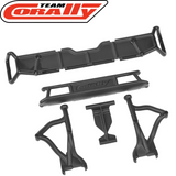 Team Corally C-00180-1236 Rear Bumper Set Shiroi black plastic parts for radio control cars, including bumper and support components designed for durability and performance.
