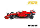 Team Saxo TS01946 1/10 F1 Body Shell (Clear) painted red and black featuring detailed decals, designed as a radio control car part for 1/10 scale RC cars.