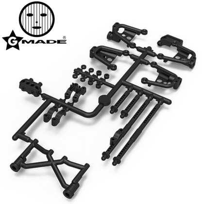 Black molded plastic parts tree for radio control assembly including suspension arms and linkage components with Gmade logo, labeled Gmade GM60077 Shock Hoop & Body Post Parts Tree GS02 BOM Spider