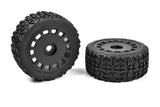 Team Corally Tracer Off-Road 1/8 Truggy Tires Mounted (2) showing aggressive tread pattern and durable black plastic wheels designed for improved grip and performance on rough terrain in radio control car parts.