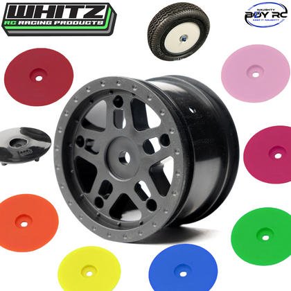 Whitz 1/10 Whiplash Rear 2.2" 12mm Sprint Car Wheels (2) with colorful rubber inserts and a black sprint car wheel designed for radio control parts and rc cars.