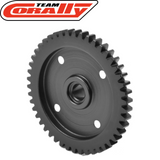 Team Corally C-00180-091 Steel Spur Gear 46T in black, designed for radio control parts and rc car parts, featuring a durable metal construction for reliable performance.