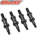 Four black metal Team Corally C-00180-148 Steel Shock Screw (4) Standoff pieces arranged in a row, used as rc car parts for radio control vehicles.