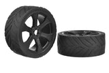 Team Corally XL6S Street Tires Sprint RXA Low Pro Pre-glued (2) Asuga XLR 1/7th black rubber rc car tires with detailed tread pattern and six-spoke wheels designed for radio control parts.