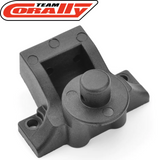 Black plastic radio control car part with mounting holes, designed as the Team Corally C-00180-739 Steering Deck Holder w/ Body Post for RC cars.