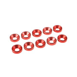 Team Corally C-3213-40-5 M4 Red Aluminum Washer OD=10mm (10) shown as ten red anodized aluminum washers designed for radio control parts and rc car assembly.