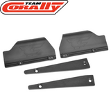 Team Corally C-00180-1066 Mud Guards HDA-4 Left + Right Pair black plastic mud guards with mounting brackets designed for radio control car parts.