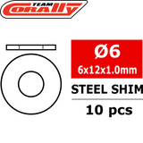 Team Corally C-3301-060-12-10 Steel Metric Shim 6x12x1.0mm (10) showing a technical diagram of a steel shim with dimension details and quantity included for rc car parts.