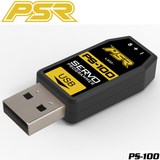 Close-up of a black and yellow POWERSTAR PS-100 USB Servo Programmer device with a USB connector, used for programming radio control parts and servo settings in rc cars.
