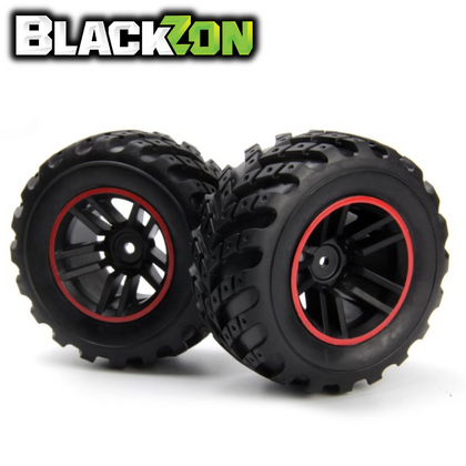 BlackZon BZN540326 Mounted Wheels Tires Red (2) Spryte showing two durable black off-road rc car tires with red rim accents designed for enhanced grip on various terrains.