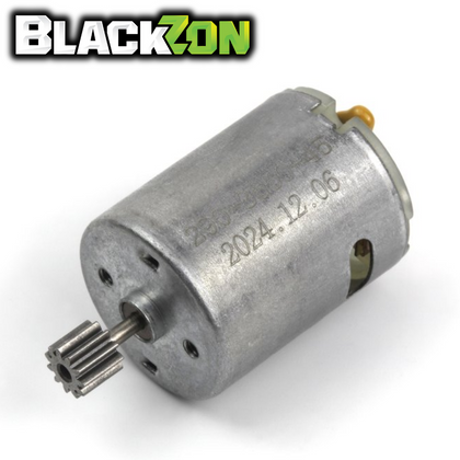 Compact silver motor with attached pinion gear, designed for radio control cars, specifically the BlackZon BZN540336 290 Motor w Pinion Spryte model.