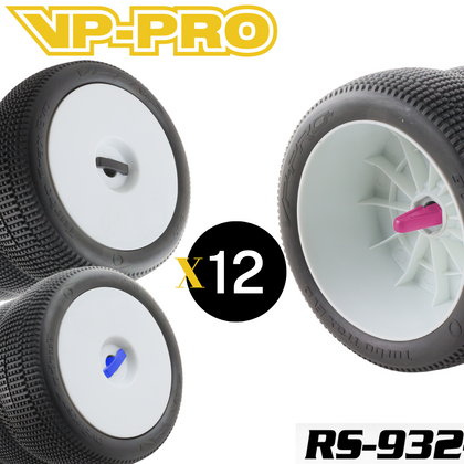 Three VP-PRO RS-932 1/8 Truck Tire Stick (12) radio control parts featuring black rubber tires with white wheels and colored wheel nuts for rc cars.