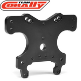 Black anodized aluminum shock tower for rc cars with multiple mounting holes, designed as Team Corally C-00180-1233 SC Front 5mm Aluminum Shock Tower.