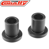 Two black cylindrical steel bushings with flanges, designed as Team Corally C-00140-011 Steel Steering Plate Bushing (2) for use in radio control car parts.