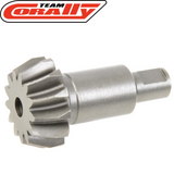 Close-up of a steel bevel pinion gear designed for radio control car parts, labeled as Team Corally C-00180-156 Steel Bevel Pinion 13T, suitable for rc cars and rtr rc cars.