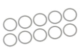 Set of ten thin steel washers arranged in two rows on white background, Team Corally C-3301-08-10-01 Steel Metric Shim 8x10x0.1mm (10) designed for precise spacing in rc car parts.