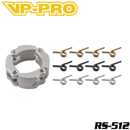 VP-PRO RS-512 Aluminum 4 Clutch Shoes + Springs set featuring silver aluminum clutch shoes with accompanying gold, black, and silver springs for radio control cars.
