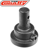 Close-up of a black plastic cylindrical radio control part with a circular base, labeled Team Corally C-00180-929 Body Post Extension Long, designed for rc car assembly.