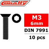 Team Corally C-3002-30-06 Hex Flat Head Steel Screws M3 x 6mm (10) showing technical illustration of flat head hex screw, size M3 by 6mm, standard DIN 7991, package of 10 pieces.