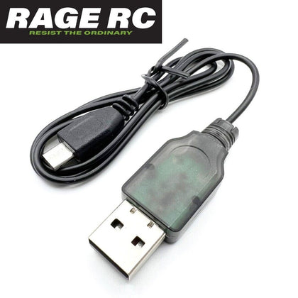 Rage RC RGR6031 500mAh LiPo Battery USB Charger Volitar & Voiltar X with black USB cable for charging radio control parts and rc car batteries.