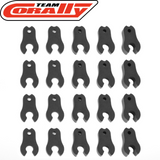 Set of 20 black caster clips for radio control cars, designed for various axle sizes from 1 to 4.5mm, featuring the Team Corally C-00180-109 Caster Clips Set 1 to 4.5mm Set logo.