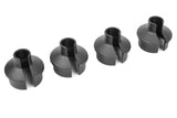 Set of four black Team Corally C-00180-029 Shock Spring Cup (4) components for radio control car suspension systems, designed for durability and precise fit.