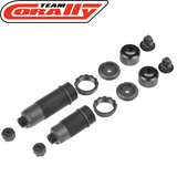 Set of black plastic components for rc car suspension repair, including threaded shock bodies, caps, and adjustment rings, for the Team Corally C-00180-1025 Maintenance Kit 1 Composite Shocks.