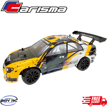 Carisma GT24 2.0 Subaru Impreza STI 2006 Drift Spec 2 Orange RTR radio control car featuring detailed orange, black, and white drift-style body with aerodynamic spoiler and black wheels.