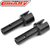 Two black metal rear axle shafts for radio control cars, shown with the Team Corally logo, Team Corally C-00180-370-2 Rear Steel Drive Axle V2 (2) designed for durability and precision.