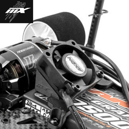 Close-up view of a cooling fan attached with the MXLR MAX-09-019 Fan Holder Awesomatix A12 WC Mount on a radio control car chassis.
