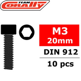 Team Corally C-3001-30-20 Hex Socket Head Steel Screws M3 x 20mm (10) showing a black hex socket head screw suitable for radio control parts and rc car assembly.