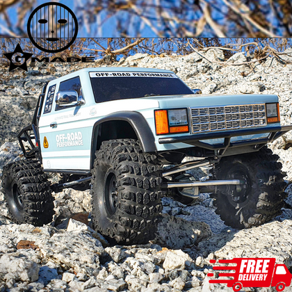 Gmade GS02F BOM TC KIT 1/10 4wd RC Crawler navigating rocky terrain, showcasing rugged off-road tires and detailed body design for high-performance radio control use.