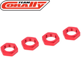 Team Corally C-00180-230 Red 17mm Aluminum Ribbed Wheel Nut (4) set, designed for radio control parts with durable, lightweight aluminum and ribbed grip.