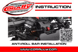 Close-up of radio control car chassis showing anti-roll bar installation with black suspension components and a QR code for manual download, featuring Team Corally C-00180-089 Steering Bellcrank Parts A-B-C.
