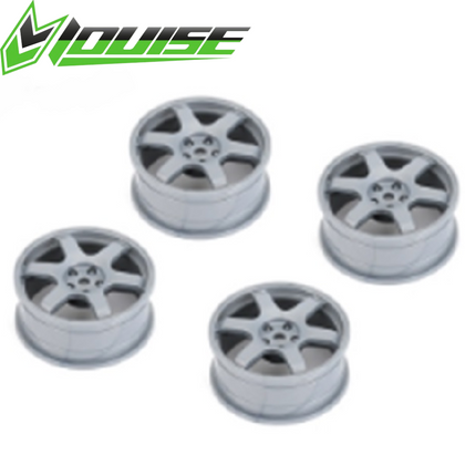 Four grey 6 spoke wheels designed for radio control cars, labeled Louise LNHA482 6 Spoke Wheel Grey 24mm ET-0mm.