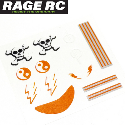 Rage RC RGR4584 Decal Sheet Skater AeroBoard featuring skull and crossbones, yin-yang symbols, lightning bolts, and orange stripe designs for customizing radio control parts.