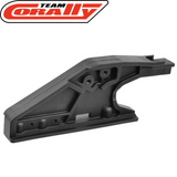 Black plastic radio control car part designed for structural reinforcement, identified as Team Corally C-00180-914 Front Chassis Brace, used in RC car chassis assembly.