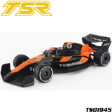 Team Saxo TS01945 1/10 F1 Body Shell (Clear) painted in black and orange, designed for radio control cars, showcasing aerodynamic features and detailed racing decals.
