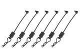 Six black Team Corally C-00180-614 Body Clip Retainer w/ Body Clip Black (6) arranged in a row, used for securing body clips on rc cars and radio control parts.