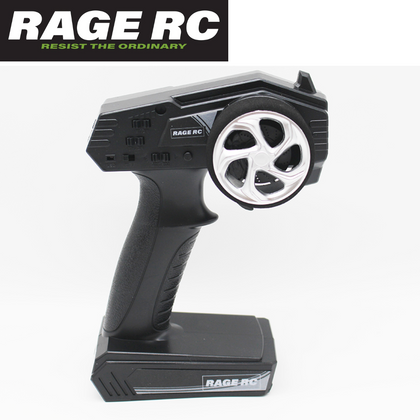 Rage RC RGRB1285 2.4GHz Transmitter Radio Remote Velocity 900BL black handheld controller for rc cars with ergonomic grip and silver steering wheel.