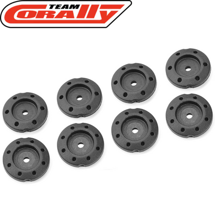 Eight black circular shock pistons with multiple evenly spaced holes, designed for radio control cars, identified as Team Corally C-00180-768 Shock Piston Heavy Duty 4mm 8x1.2 Set.