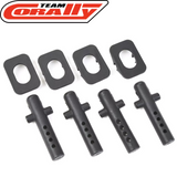Team Corally C-00180-1244 Body Post & Holder (4) set showing black adjustable body posts with multiple holes and matching rectangular holders for radio control car parts.