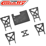 Set of black radio control parts including structural mounts and a protective plate, featuring the Team Corally C-00180-716 Center Roll Cage Mount for Chassis Tube designed for rc car chassis assembly.