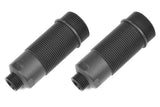 Two black cylindrical rear composite shock absorber bodies designed for rc cars, labeled Team Corally C-00180-1030 Rear Composite Shock Absorber Body (2) for radio control parts replacement.