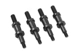 Four black metal standoff screws arranged in a row, identified as Team Corally C-00180-148 Steel Shock Screw (4) Standoff for use in radio control parts and rc cars.