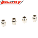 Four small silver steel balls used as rc car parts, shown on a white background with the Team Corally logo, identified as Team Corally C-00180-149 Steel Ball 5.8mm (4).