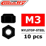 Team Corally C-3101-30-6 M3 Steel Nylstop Nut (10) showing black hexagonal steel nylstop nuts for radio control parts, with M3 size and quantity of 10 pieces.