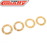 Four circular gold-colored metal gaskets laid out in a row with the Team Corally logo above, used as Team Corally C-00180-183-1 Center Differential Gasket 35mm (4) for radio control car parts.