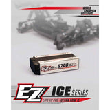 EZpower Ice Series 6700mah Long Run Shorty Lipo HV PRO 7.6v 2s 140/70c battery placed in front of a blurred radio control car chassis, showcasing a high-performance RC car part.